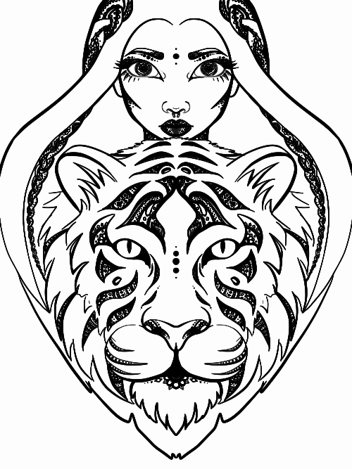 tigerhead with woman mandala